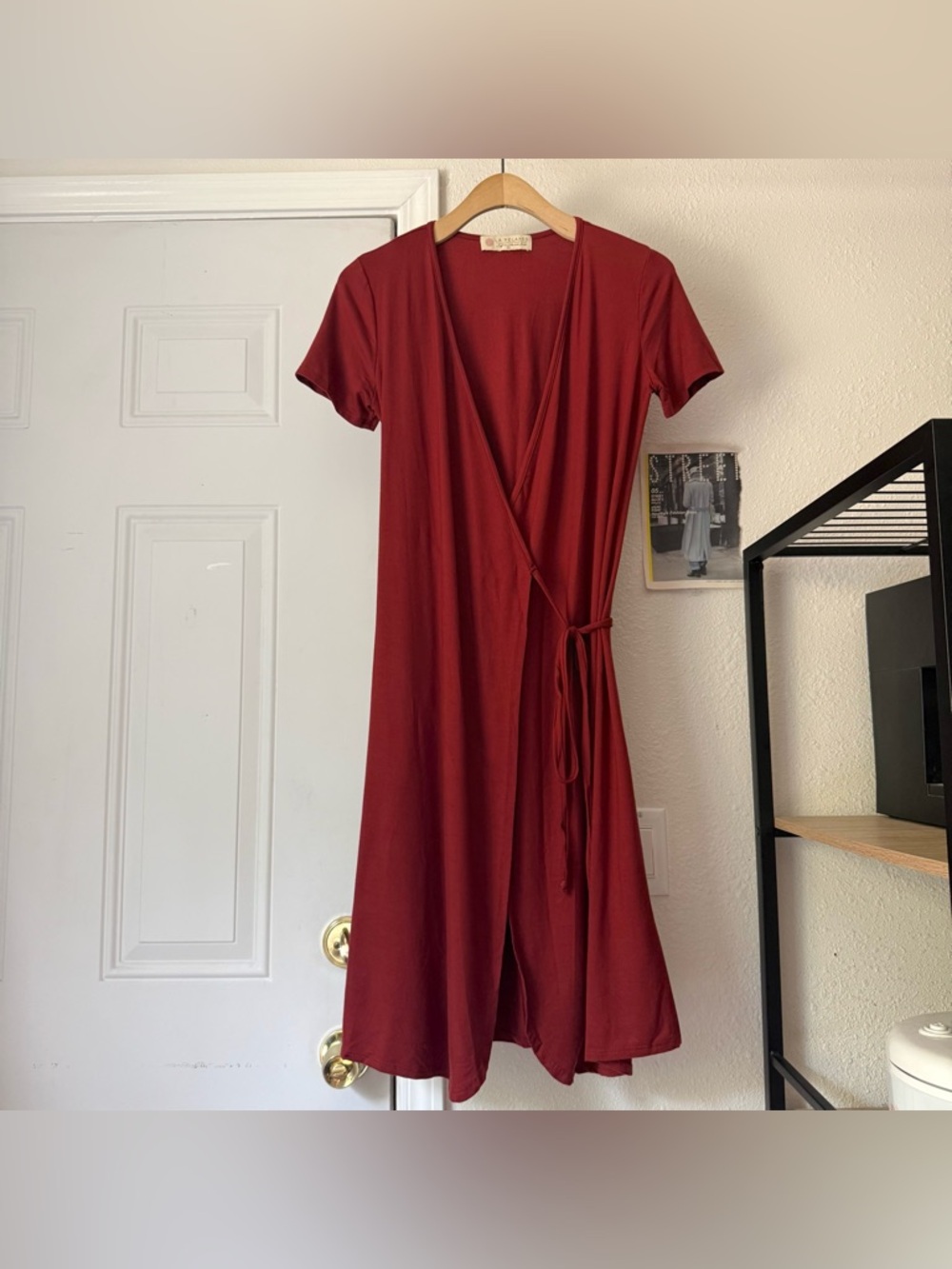 LA RELAXED red modal spandex soft stretchy short sleeve midi wrap dress